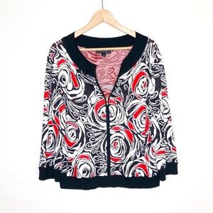 St John Red and black with white rose zip front cardigan